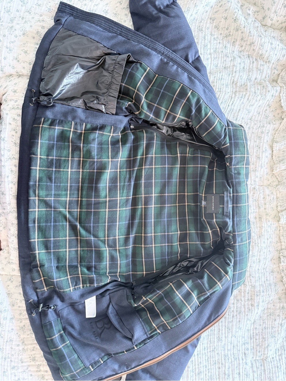 Men's Navy Blue Puffer Jacket with Tartan Lining